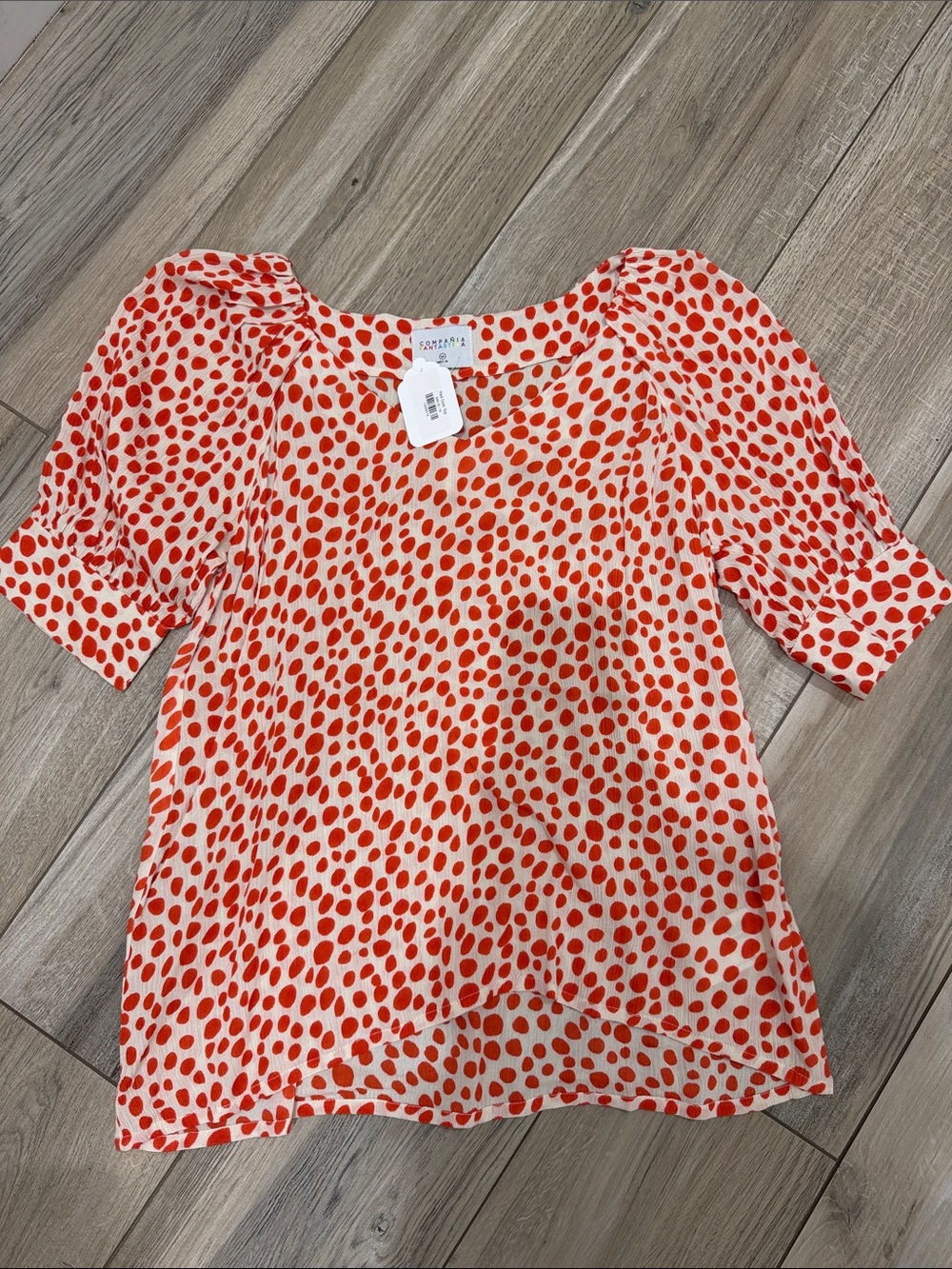 NWT Cream Top with Orange Spot Print and Puff Sleeves